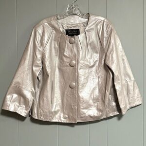 TERRY LEWIS Silver Leather Jacket Button /Snap Front Pleated Details Size Medium